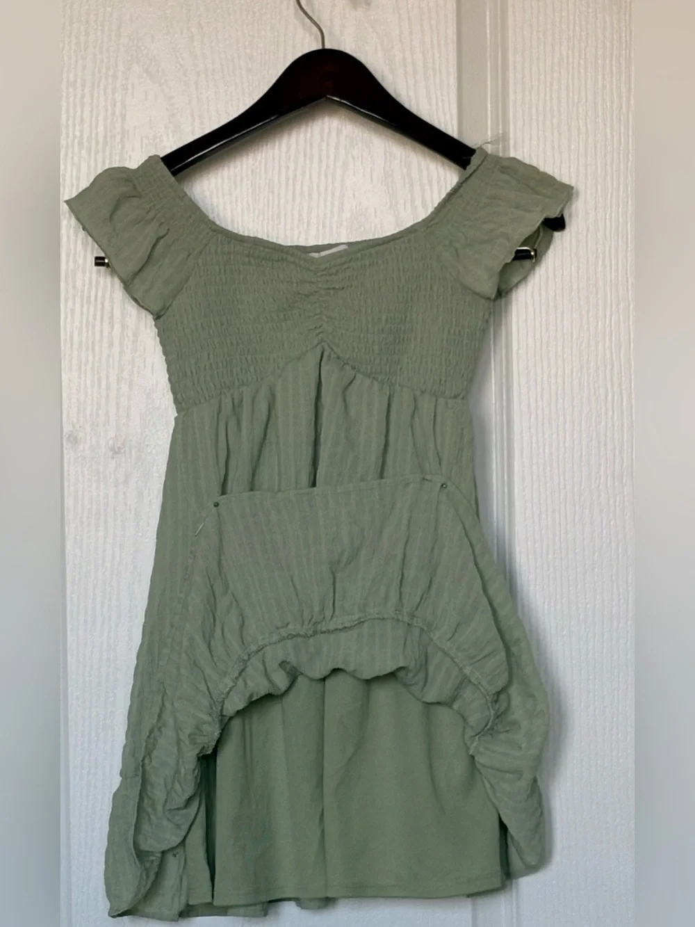 Sincerely Jules Sage Green Smocked Off-Shoulder Tunic